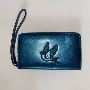 Coach Metallic Turquoise Wallet with Bird Design
